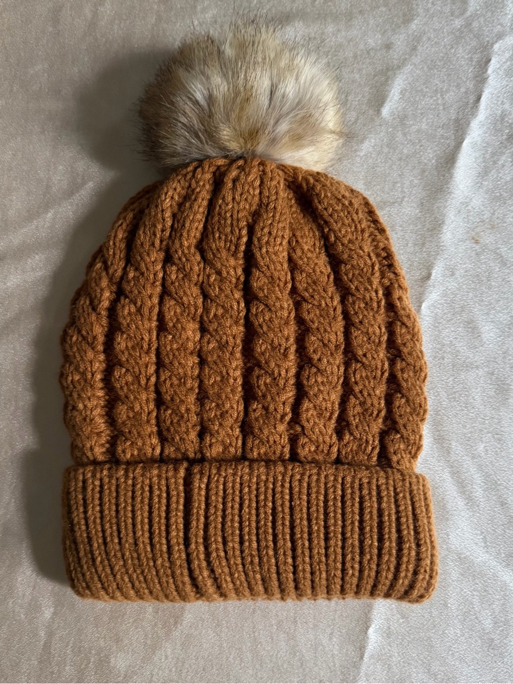 Furtalk Cable Knit Lined Winter Beanie with Faux Fur Pom Brown